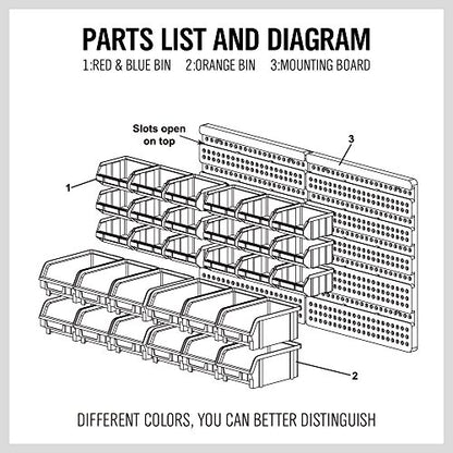 Wall Mounted Storage Bins Parts Rack 30PC Organizer Garage Plastic Shop Tool for Men's Gift (Orange-Blue-Red / 30-Piece Bins Parts Rack)