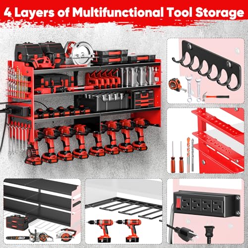 Large Power Tool Organizer Wall Mount with Charging Station (Red / Large)