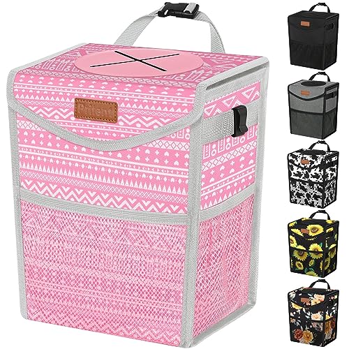 Car Trash Can with Lid Leakproof Car Garbage Bag Vehicle Trash Bin (2.8 Gallons / Pink Print)