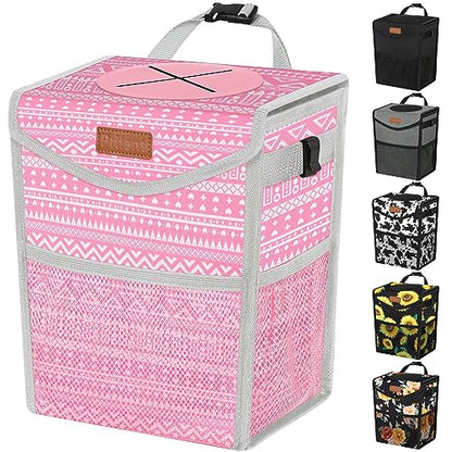Car Trash Can with Lid Leakproof Car Garbage Bag Vehicle Trash Bin (2.8 Gallons / Pink Print)