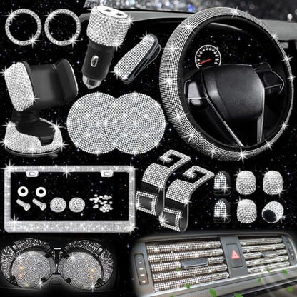 27 PCs Bling Car Accessories Set for Women (Silver Diamond)