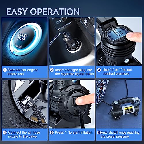 Portable Air Compressor Tire Inflator 12V Heavy Duty 120PSI Metal Pump Double Cylinder Digital Pressure Fast Inflate Auto Shutoff for Car SUV Motorcycle (Double Cylinder Air Compressor Pump)