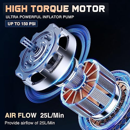 Tire Inflator Portable Air Compressor Battery Powered Rechargeable 12VDC 150PSI Cordless Tire Pump w (Cordless Tire Inflator Air Compressor)