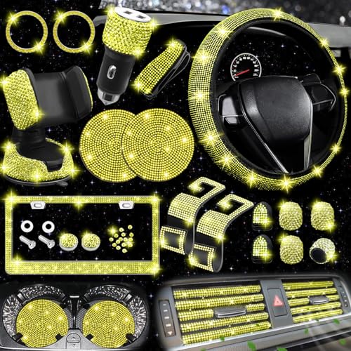 27 PCs Yellow Bling Car Accessories Set for Women (Yellow Diamond)