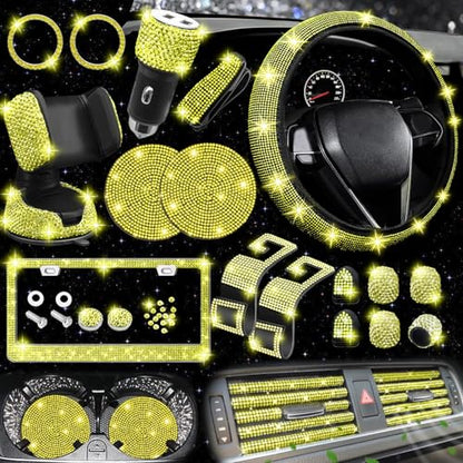 27 PCs Yellow Bling Car Accessories Set for Women (Yellow Diamond)