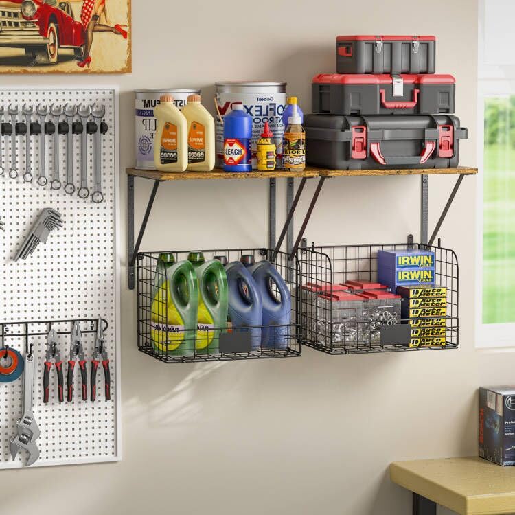 2 Pack Garage Shelves Wall Mounted with Wire Storage Baskets