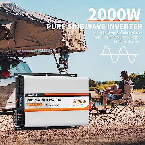 2000W Pure Sine Wave Inverter 12V DC to 120V AC Converter for Vehicles Boat Camping Outdoor Solar System (2000W-Wired / 12V)