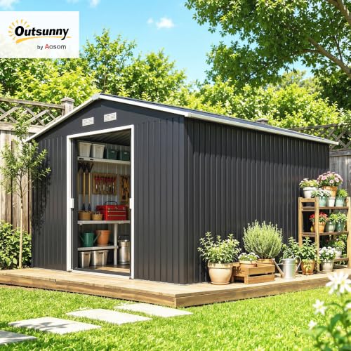 11' x 9' Outdoor Storage Shed Garden Tool Metal Shed Dark Gray (Dark Gray / 11' x 9')