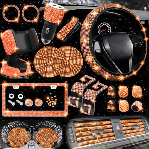 27 PCs Orange Bling Car Accessories Set for Women (Orange Diamond)