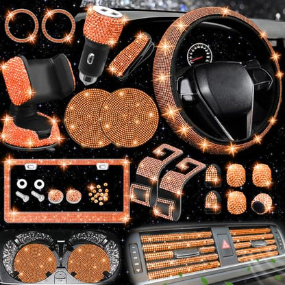 27 PCs Orange Bling Car Accessories Set for Women (Orange Diamond)