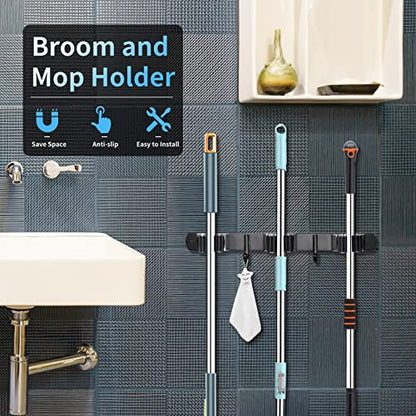 Heavy Duty Stainless Steel Broom Holder (3 Racks and 2 Hooks)