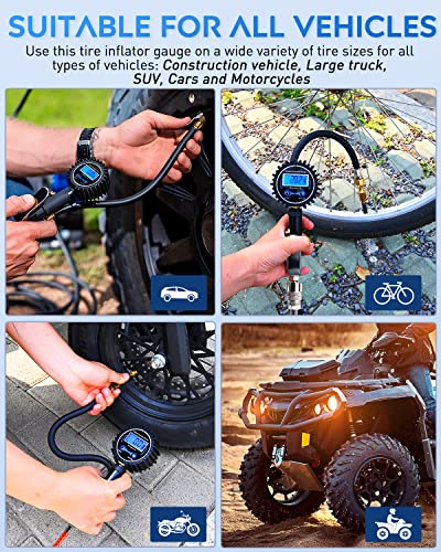 50057A Digital Tire Inflator Deflator with Pressure Gauge 250 PSI Air Chuck and Compressor Accessories with Rubber Hose and Quick Connect Coupler for 0.1 Display Resolution (Tire Inflator Gauge Style 2)