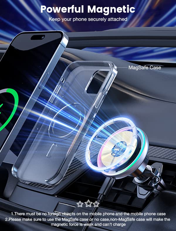 for Magsafe Car Mount Charger 15W LED RGB Car Phone Holder for Dash Vent (Brigh Black)