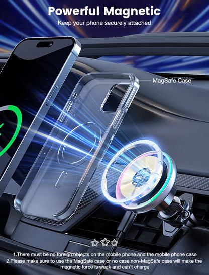 for Magsafe Car Mount Charger 15W LED RGB Car Phone Holder for Dash Vent (Brigh Black)