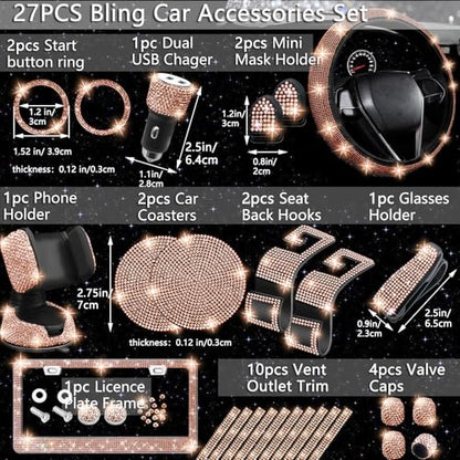 27 PCs Gold Champagne Bling Car Accessories Set for Women (Gold Champagne)