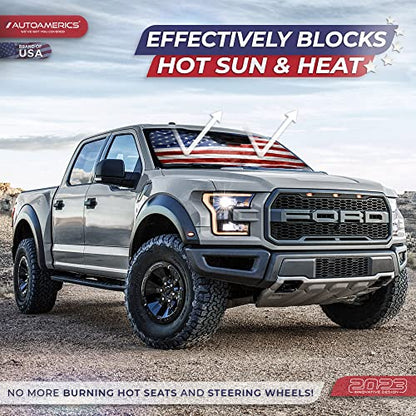 Truck Windshield Sun Shade with Storage Pouch & Anti (USA GRUNGE FLAG-3 / X-LARGE = 66 x 36 inches)
