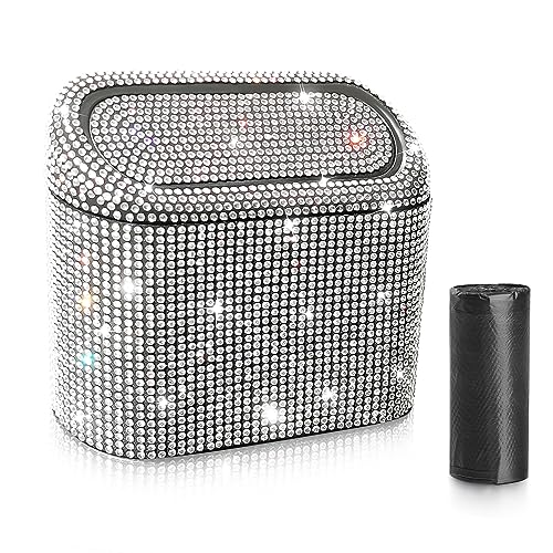 Bling Car Trash Can with 30pcs Garbage Bags (Black/White Rhinestone)