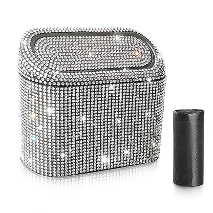 Bling Car Trash Can with 30pcs Garbage Bags (Black/White Rhinestone)