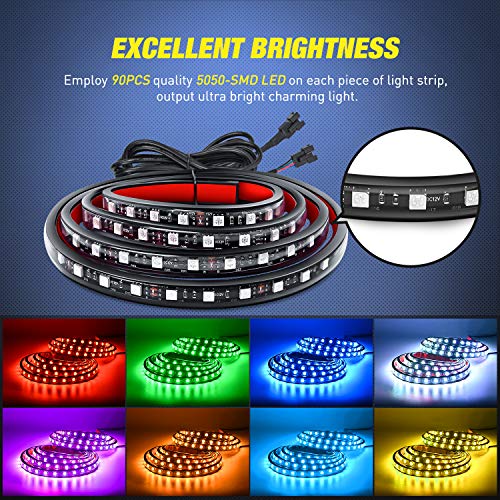 TL 31 2PCS 60Inch RGB Truck Bed Light Strip Kit 180 LED RF Remote Control with On Off Switch Blade Fuse 2Way Splitter Extension Cable for Cargo Pickup Truck SUV RV Boat (2Pcs 60Inch RGB Bed Strip w/Remote)