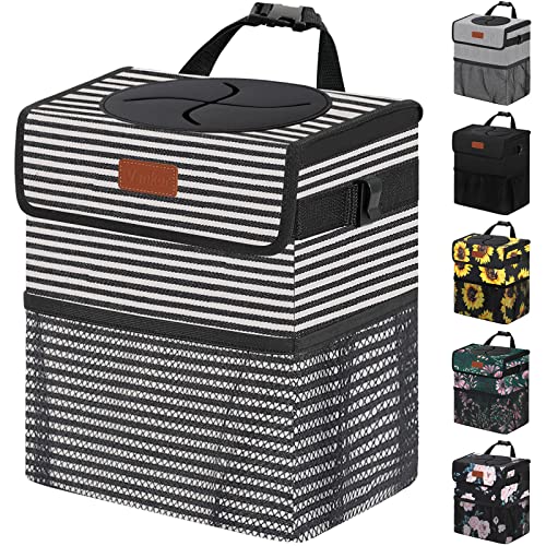 Car Trash Can with Lid Leak Proof Car Accessories for Women (2.2 Gallons / Stripe)
