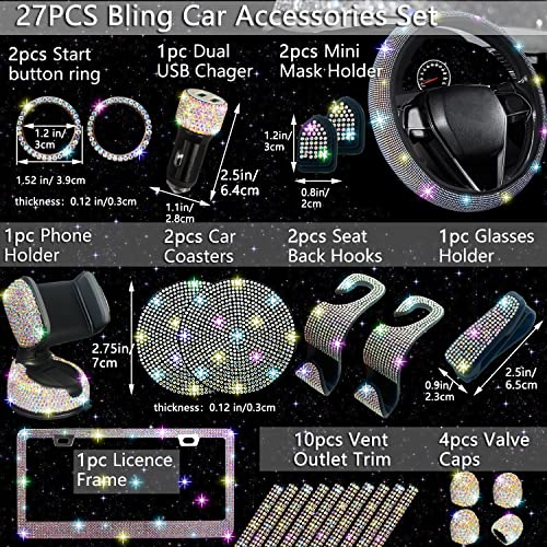 27 PCs Multicolor Bling Car Accessories Set for Women (Multicolor Diamond)