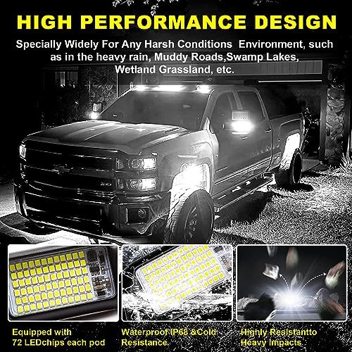 4Pods Pure White 72 LEDs SMD Chips 72w High Power Rock Lights Super Bright White Offroad Car Boat Underglow Lights IP68 Waterproof for Truck SUV UTV ATV RZR (Pure white rock lights - 4 pack)