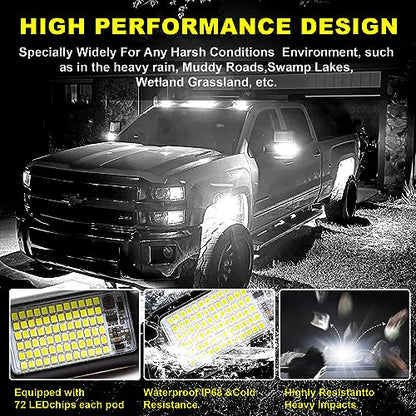 4Pods Pure White 72 LEDs SMD Chips 72w High Power Rock Lights Super Bright White Offroad Car Boat Underglow Lights IP68 Waterproof for Truck SUV UTV ATV RZR (Pure white rock lights - 4 pack)