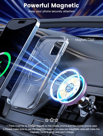 for Magsafe Car Mount Charger 15W LED RGB Car Phone Holder for Dash Vent (Purple)