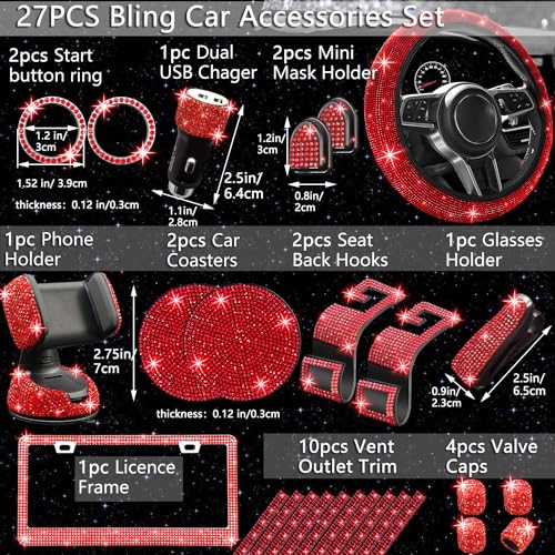 27 PCs Red Bling Car Accessories Set for Women (Red Diamond)