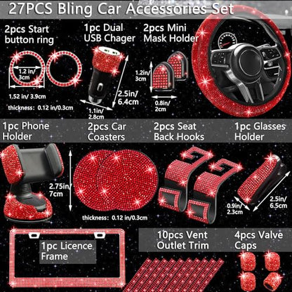 27 PCs Red Bling Car Accessories Set for Women (Red Diamond)