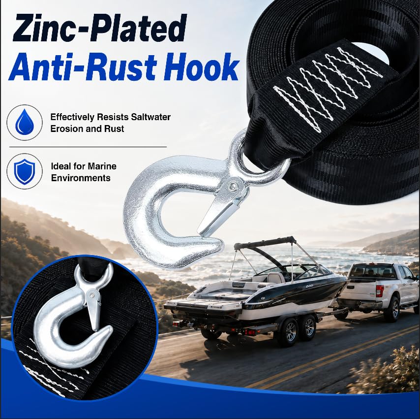 Boat Trailer Winch Strap with Hook 2" x 20' (2in x 20ft with hook-10,000lb / Black)