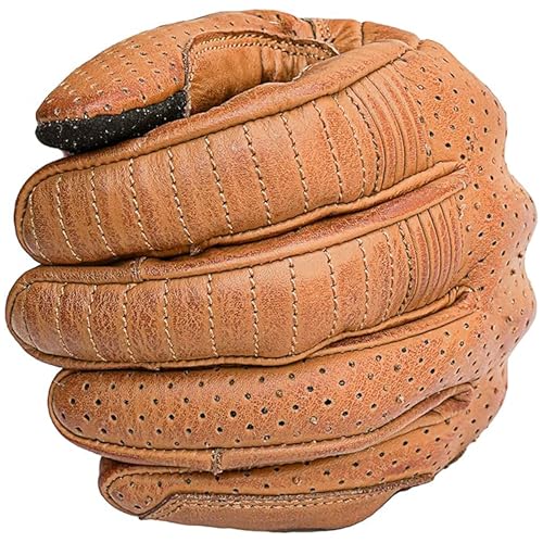 Leather Motorcycle Gloves for Men with Light Tricot Inner Lining Bike Riding Gloves with Fingers and Knuckle Padding with Adjustable Magic Tape Fastener (Small / Short Billy Tan)