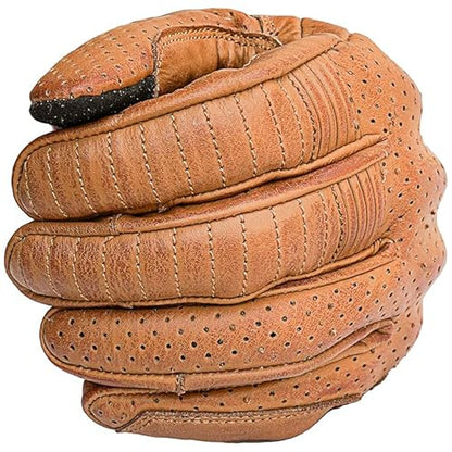 Leather Motorcycle Gloves for Men with Light Tricot Inner Lining Bike Riding Gloves with Fingers and Knuckle Padding with Adjustable Magic Tape Fastener (Small / Short Billy Tan)