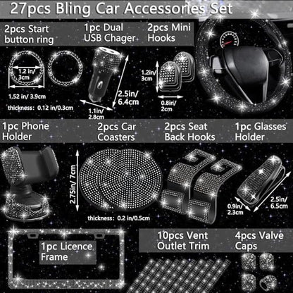27 PCs Black Bling Car Accessories Set for Women (Black Diamond)