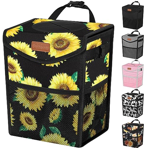 Car Trash Can with Lid Leakproof Car Garbage Bag Vehicle Trash Bin (2 Gallons / Sunflower)