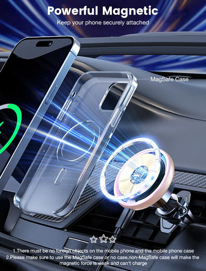 for Magsafe Car Mount Charger 15W LED RGB Car Phone Holder for Dash Vent (Pink)