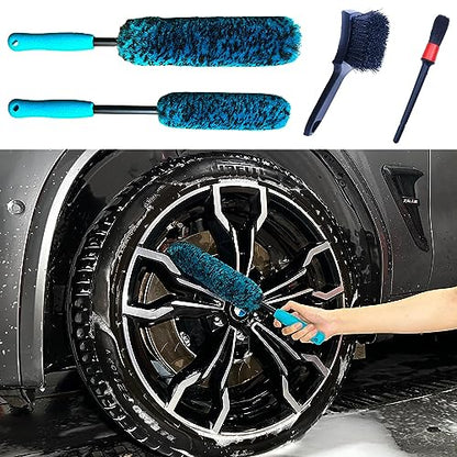 PRO Choice 4 Pack Long Handle Wheel Brush Kit for Cleaning Wheel and Tire (4-Pack / Blue/Black)