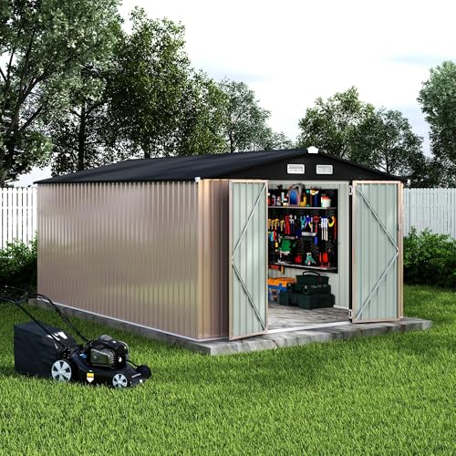 10x14 FT Metal Storage Sheds Outdoor (Brown / 10x14FT)