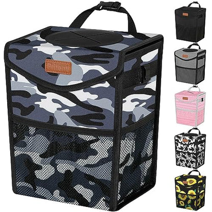 Car Trash Can with Lid Leakproof Car Garbage Bag Vehicle Trash Bin (2 Gallons / Camo Grey)