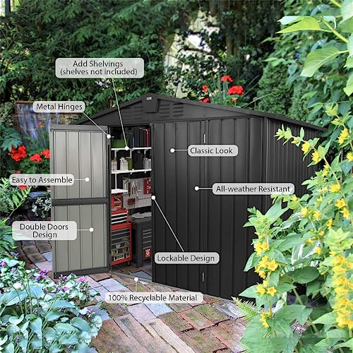 Galvanized Steel Storage Shed 8.2' x 6.2' with Lockable Door (Dark Gray03 / 8.2×6.2)