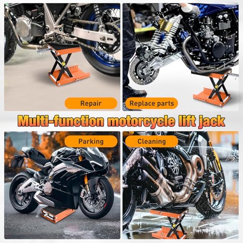 Motorcycle Lift Jack 1100 LBS Scissor Jacks Stand Lift with Wide Deck Safety Pin Handle 3.4" (Orange w Safety Pin)