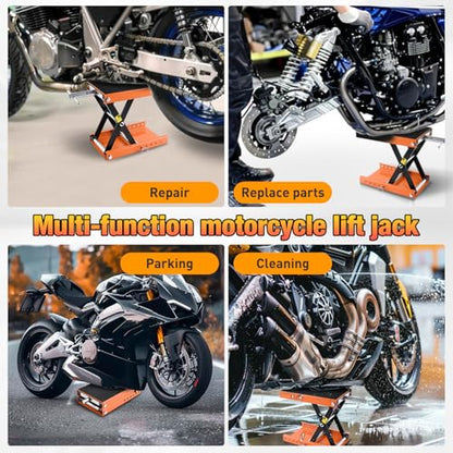 Motorcycle Lift Jack 1100 LBS Scissor Jacks Stand Lift with Wide Deck Safety Pin Handle 3.4" (Orange w Safety Pin)