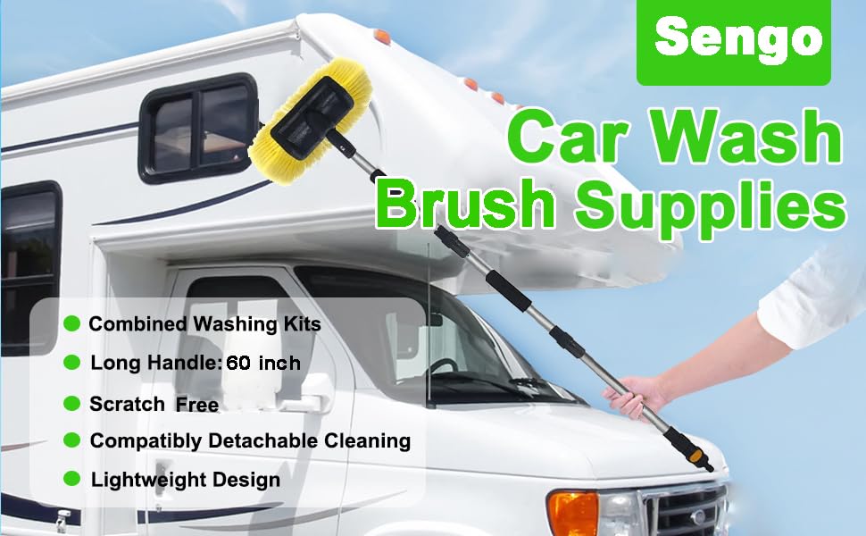 Car Wash Brush with Long Handle 12'' Lock Soft Bristle Brush car Scrub Brush 60'' Dismountable Pole with on