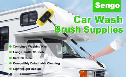 Car Wash Brush with Long Handle 12'' Lock Soft Bristle Brush car Scrub Brush 60'' Dismountable Pole with on