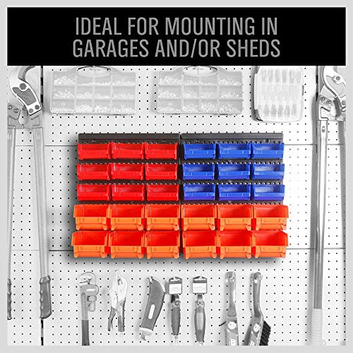 Wall Mounted Storage Bins Parts Rack 30PC Organizer Garage Plastic Shop Tool for Men's Gift (Orange-Blue-Red / 30-Piece Bins Parts Rack)