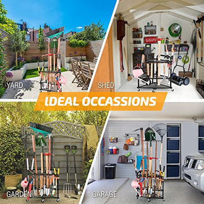 Garden Tool Organizer with Wheels and Storage Hooks (Corner Rack)