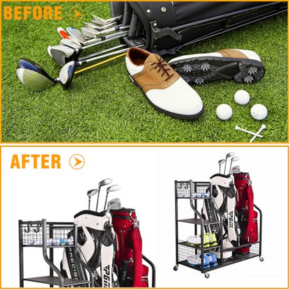 2 Golf Bags Rack Garage Storage Organizer Metal Black Storage Stand (Black(For 2 Golf Bags))