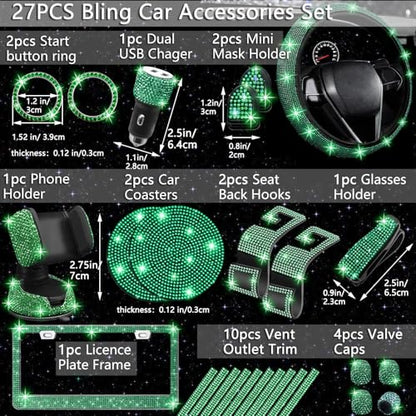 27 PCs Green Bling Car Accessories Set for Women (Green Diamond)