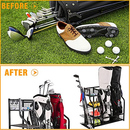 2 Golf Bag Rack Garage Storage Organizer Metal Black Golf Clubs Stand (Black(For 2 Golf Bags+Wheels))