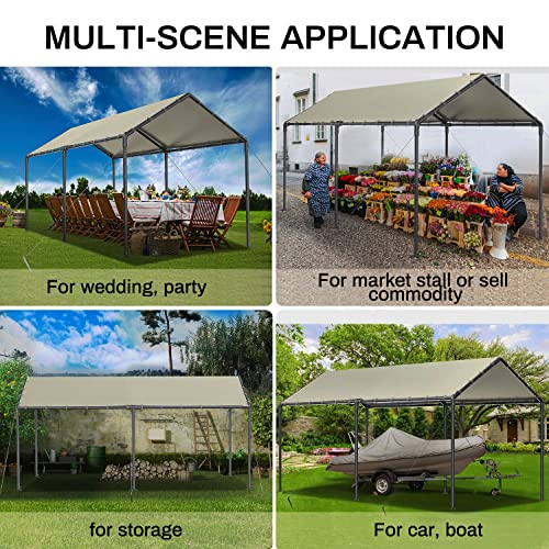 10'x20' Outdoor Heavy Duty Carport Storage Shed Portable Garage Boat Shelter Party Tent Waterproof & UV Galvanized Protected Tarp Beige (Beige / 10x20 FT（No Side）)